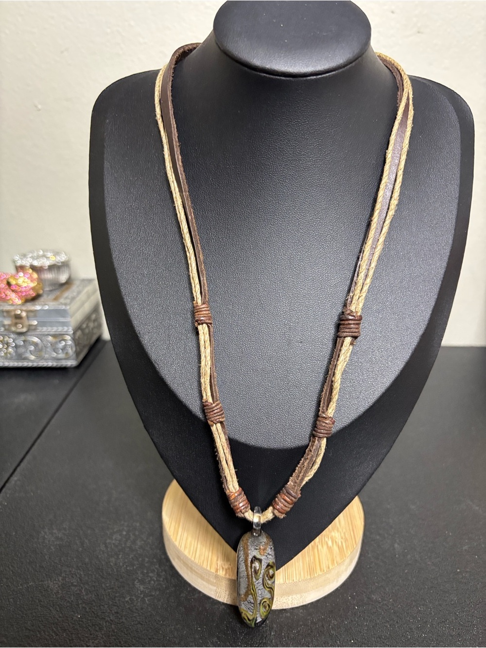 Handcrafted Brown Leather Dichroic Glass Pendant Necklace Boho